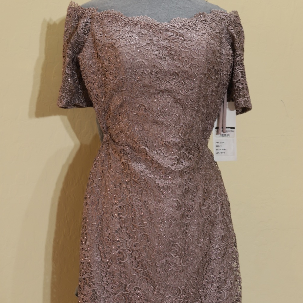 ALYCE off the shoulder lace straight cocktail dress in smoke size 8